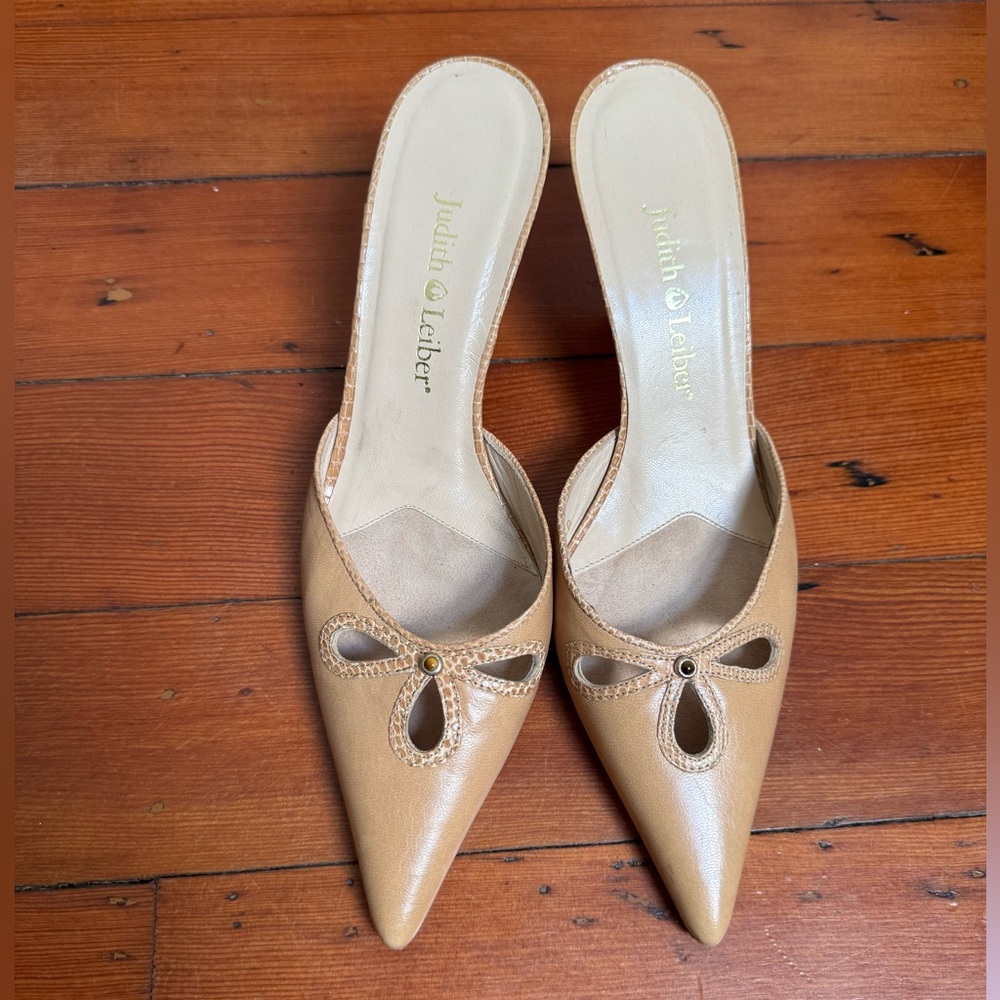 Judith Leiber Tan Mules with Teardrop Cutout